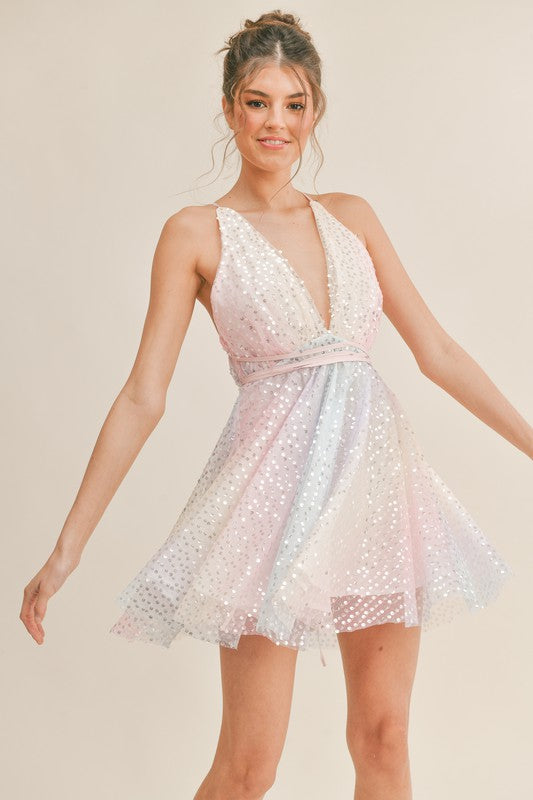 Lona Halter Neck Rainbow Tulle Sequin Mini Dress