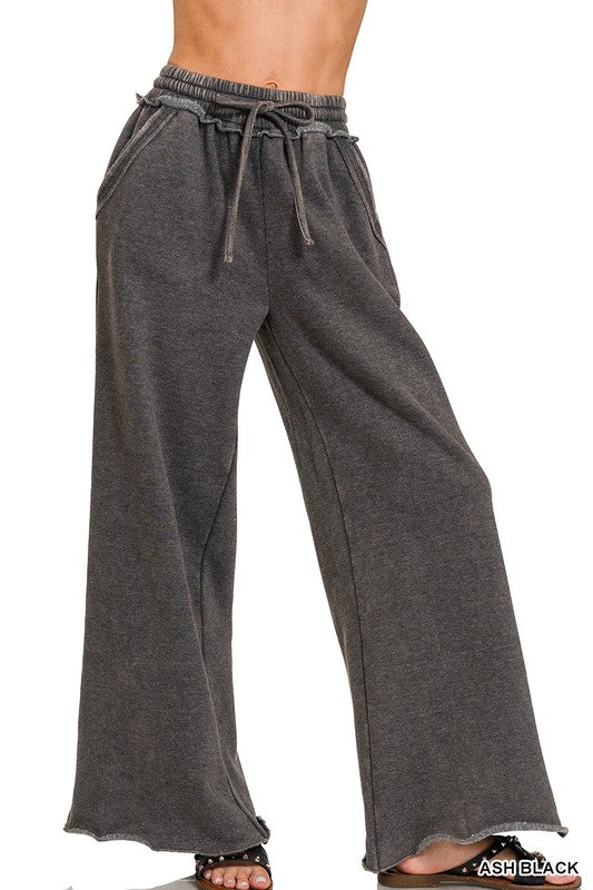 ACID WASH FLEECE PALAZZO SWEATPANTS WITH POCKETS