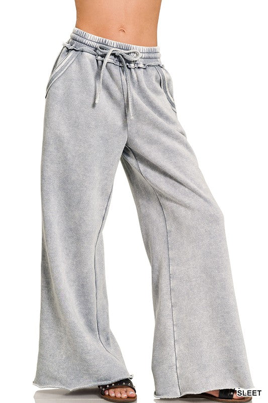 ACID WASH FLEECE PALAZZO SWEATPANTS WITH POCKETS