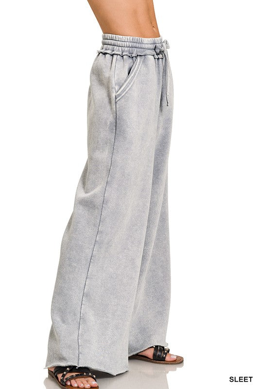 ACID WASH FLEECE PALAZZO SWEATPANTS WITH POCKETS