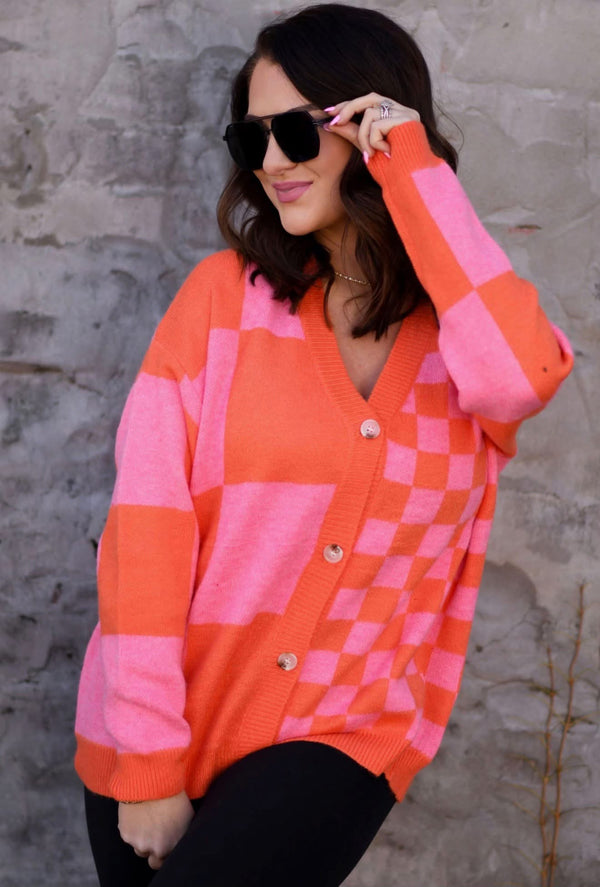 Pink Checkered Cardigan