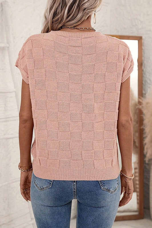 Checker Textured Short Sleeve Sweater