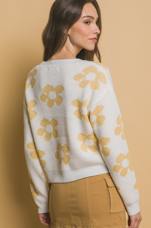 Crew Neck Floral Pattern Sweater