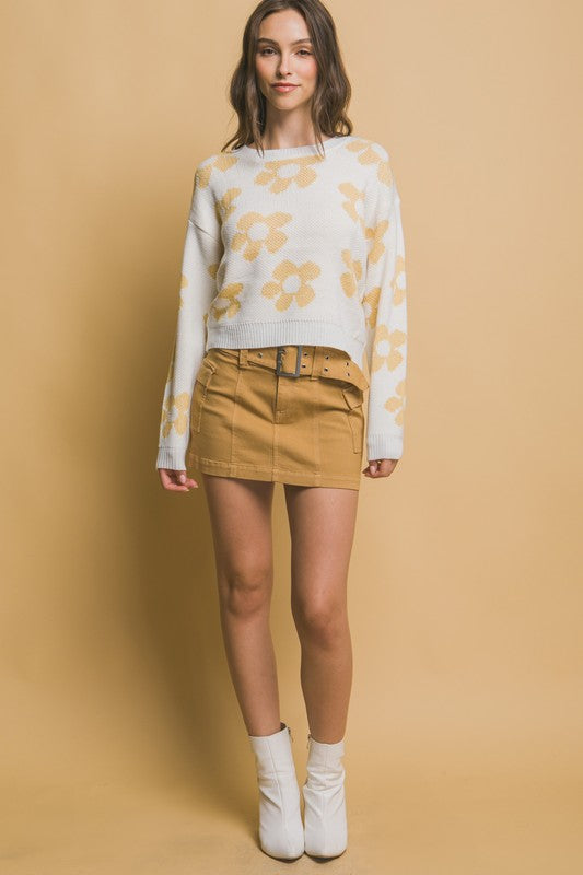 Crew Neck Floral Pattern Sweater