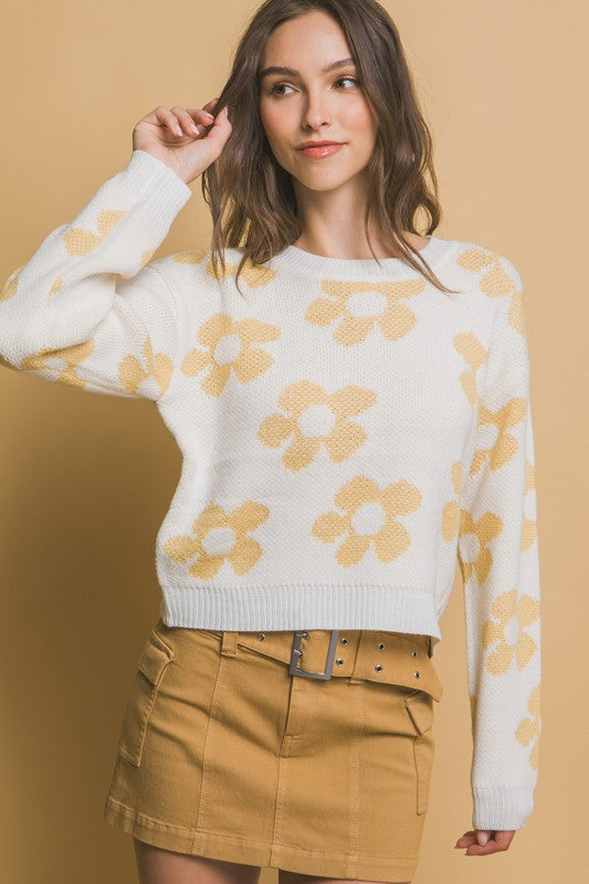 Crew Neck Floral Pattern Sweater