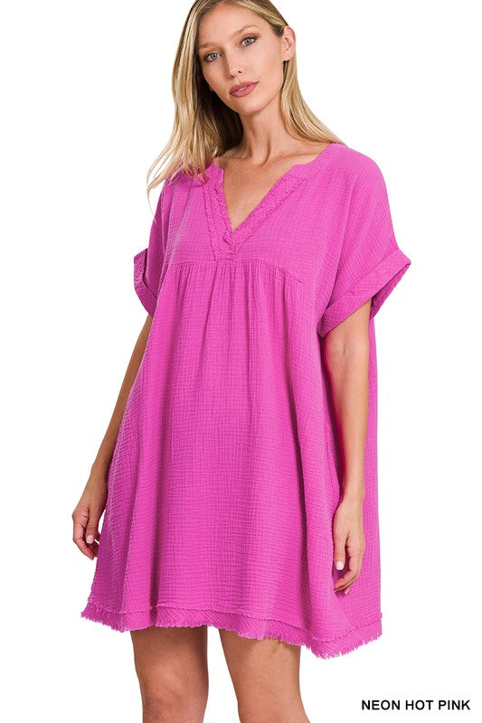 DOUBLE GAUZE RAW EDGE V-NECK DRESS