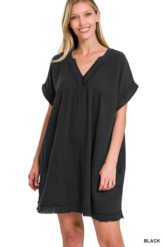 DOUBLE GAUZE RAW EDGE V-NECK DRESS