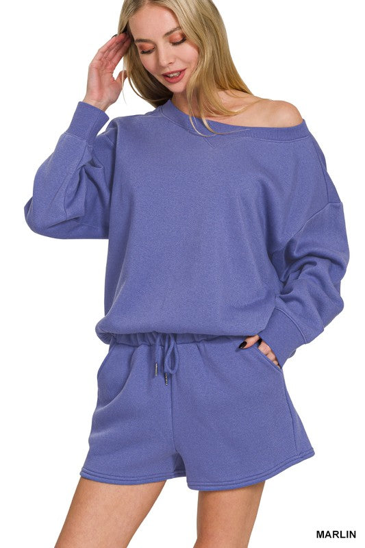 FLEECE BOAT NECK SWEATSHIRTS & SHORTS 2PCS SET