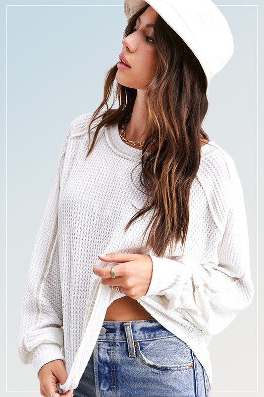 LIGHTWEIGHT WAFFLE TEXTURED LONG SLEEVE TOP