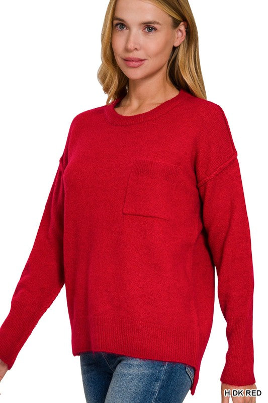 MELANGE HI-LOW HEM ROUND NECK SWEATER