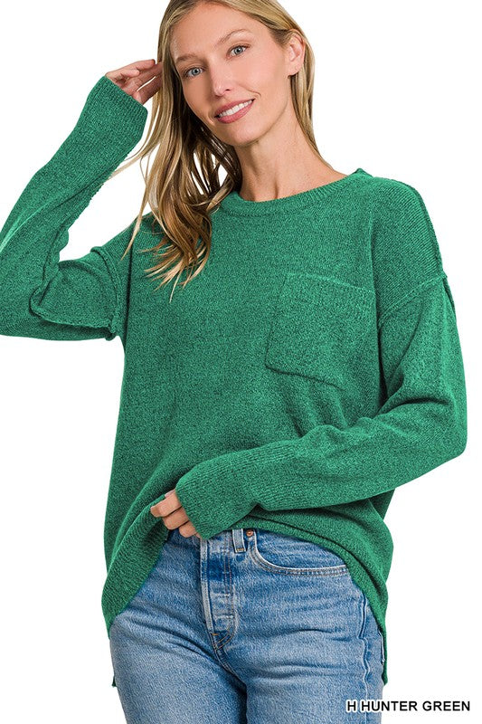 MELANGE HI-LOW HEM ROUND NECK SWEATER