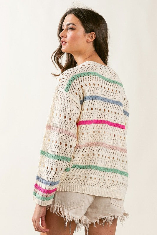 MULTI COLORS STRIPE POINTELLE SWEATER