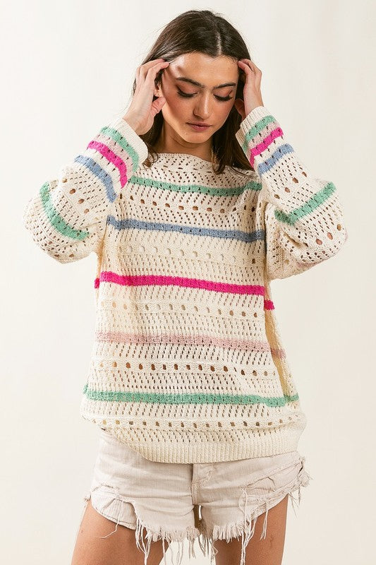 MULTI COLORS STRIPE POINTELLE SWEATER