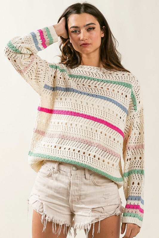 MULTI COLORS STRIPE POINTELLE SWEATER