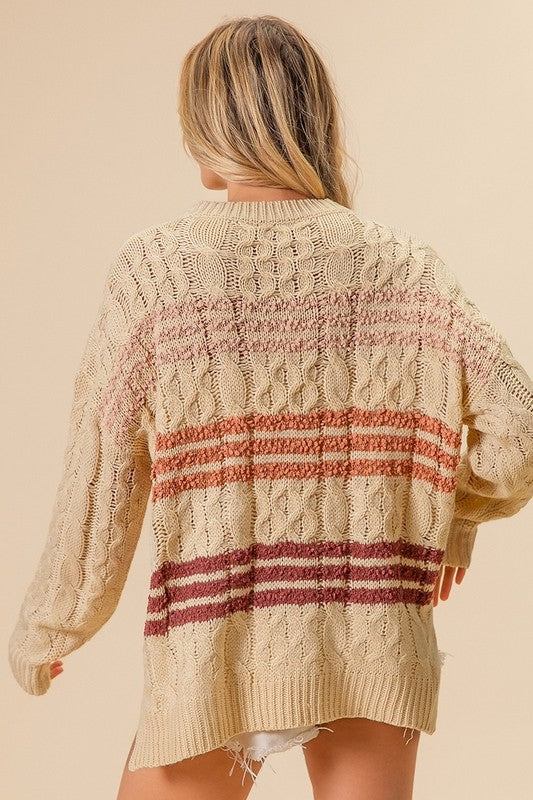 POPCORN TEXTURED STRIPES CABLE KNIT SWEATER