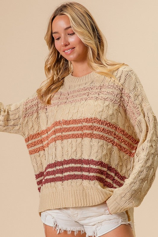 POPCORN TEXTURED STRIPES CABLE KNIT SWEATER