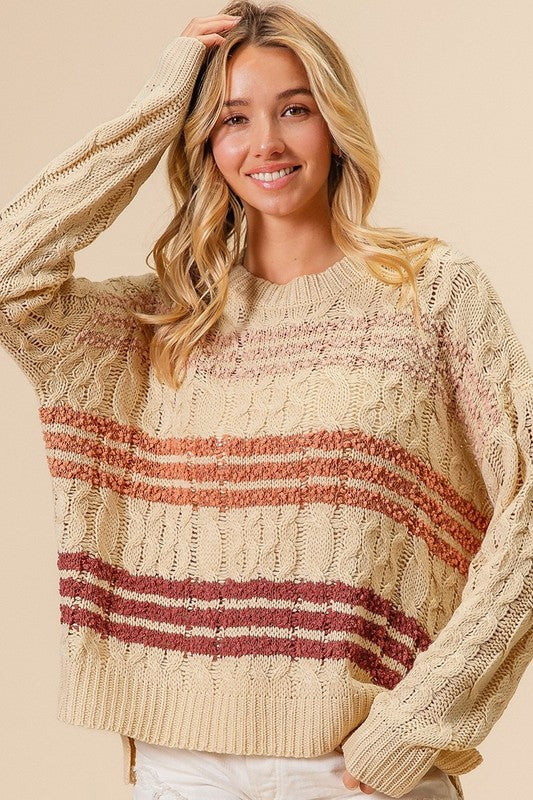 POPCORN TEXTURED STRIPES CABLE KNIT SWEATER