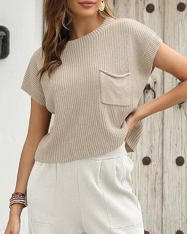 Patch Pocket Short Sleeve Sweater