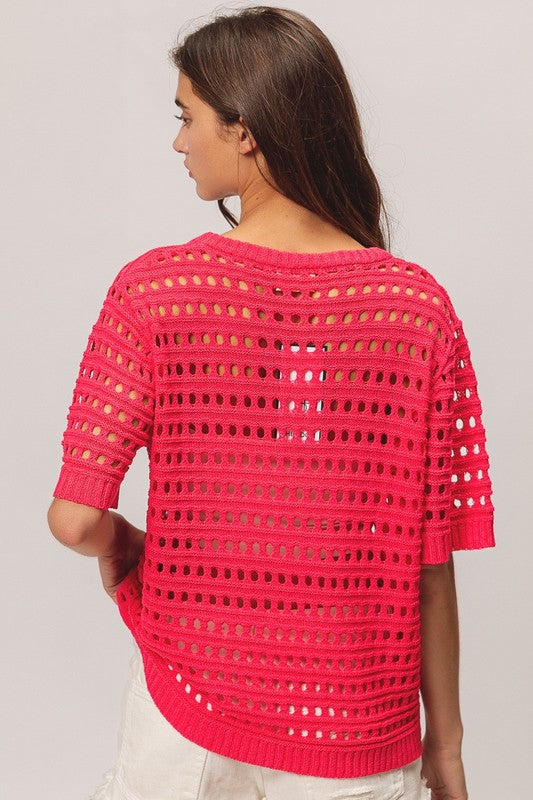 ROUND NECK OPEN KNIT SHORT SLEEVE COVER UP