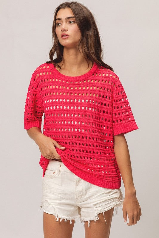 ROUND NECK OPEN KNIT SHORT SLEEVE COVER UP