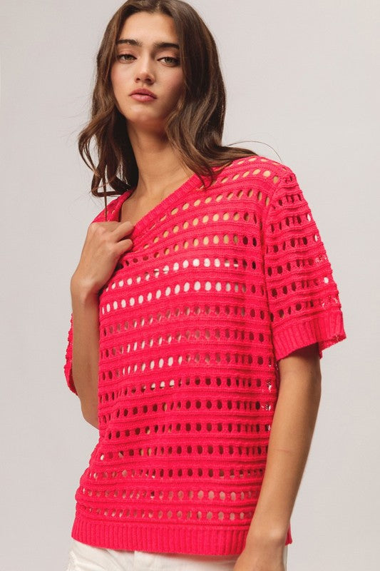 ROUND NECK OPEN KNIT SHORT SLEEVE COVER UP