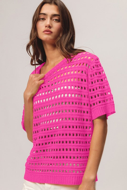 ROUND NECK OPEN KNIT SHORT SLEEVE COVER UP