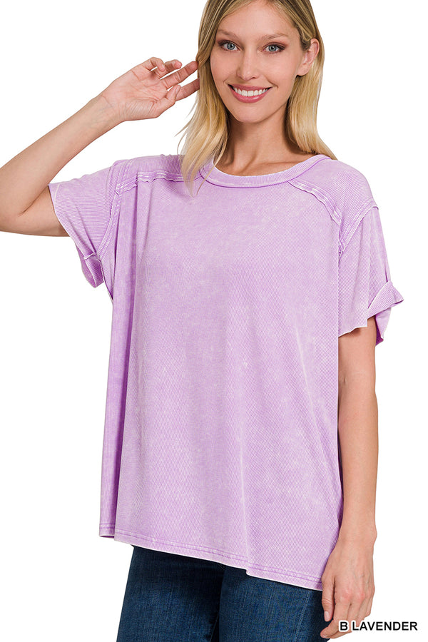 WASHED RIBBED SHORT SLEEVE BOAT-NECK TOP