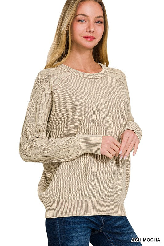 STONE WASHED CABLE-SLEEVE CREWNECK SWEATER