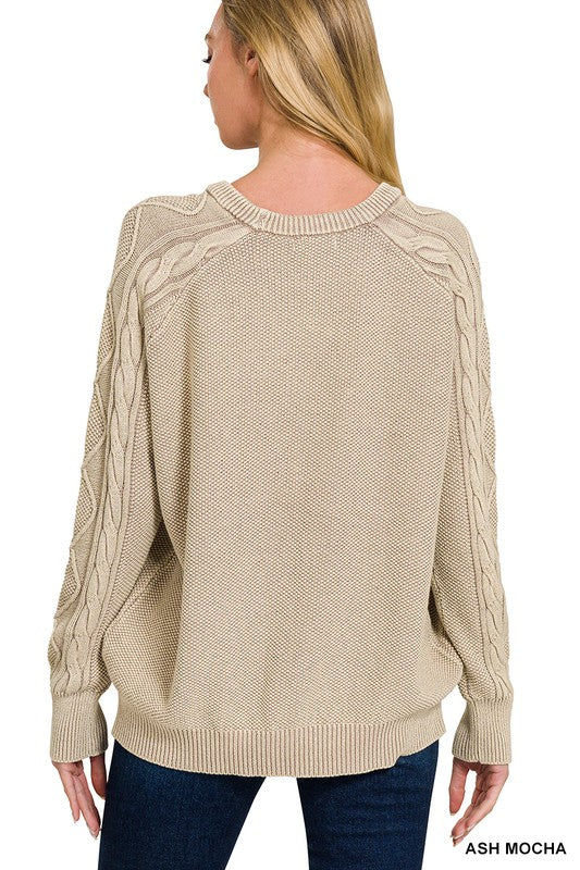 STONE WASHED CABLE-SLEEVE CREWNECK SWEATER