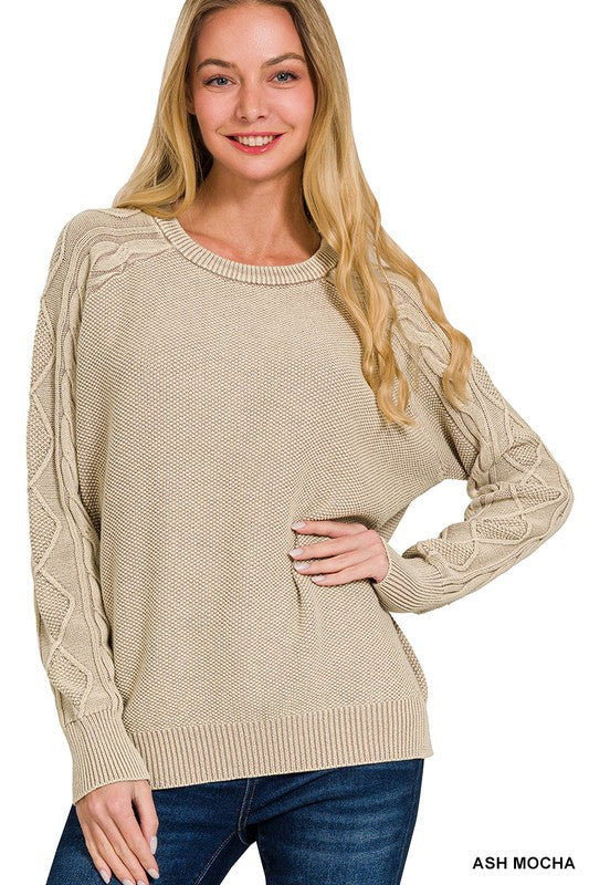 STONE WASHED CABLE-SLEEVE CREWNECK SWEATER