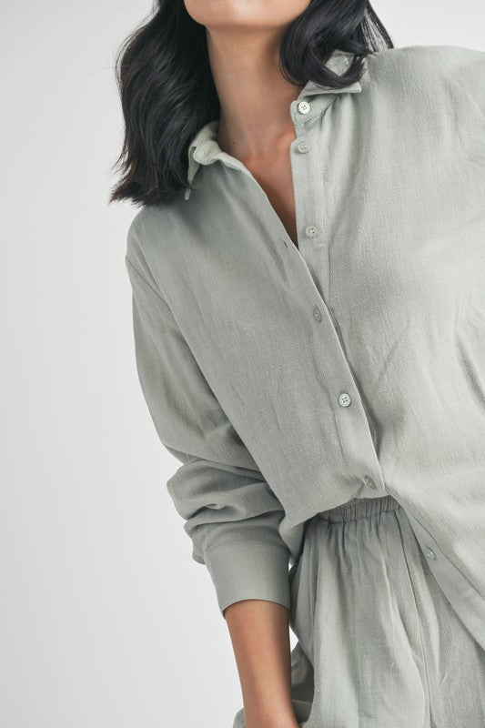 STRETCH LINEN LONG SLEEVE TOP AND SHORT SET