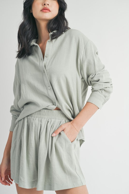 STRETCH LINEN LONG SLEEVE TOP AND SHORT SET