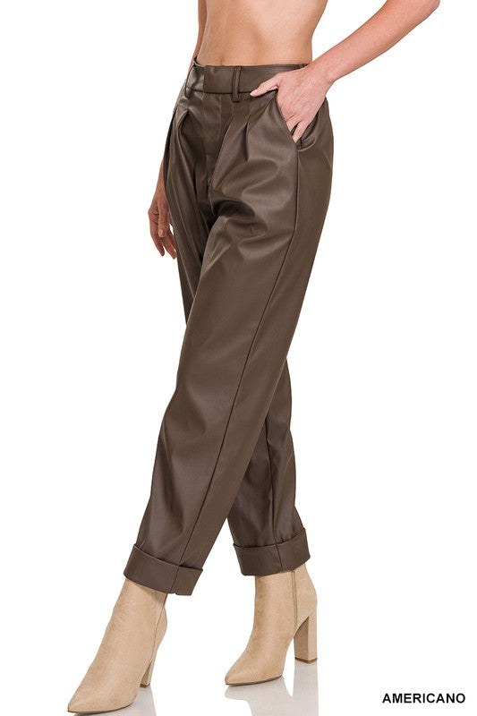 VEGAN LEATHER PLEAT FRONT PANTS