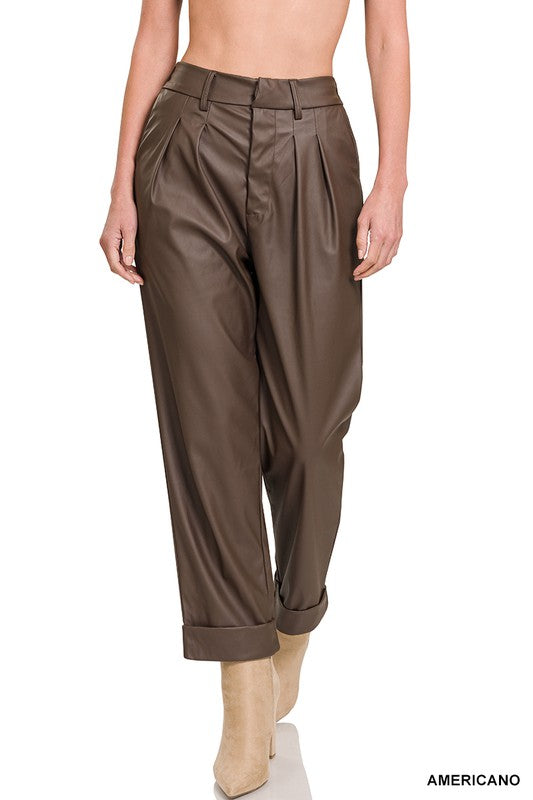 VEGAN LEATHER PLEAT FRONT PANTS