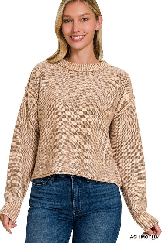 WASHED EXPOSED SEAM CREW NECK CROPPED SWEATER