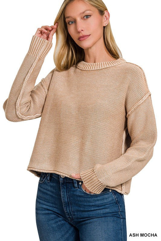 WASHED EXPOSED SEAM CREW NECK CROPPED SWEATER