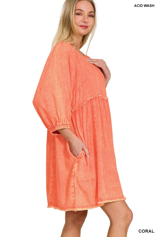 WASHED LINEN PLEATED PUFF SLEEVE BABYDOLL DRESS