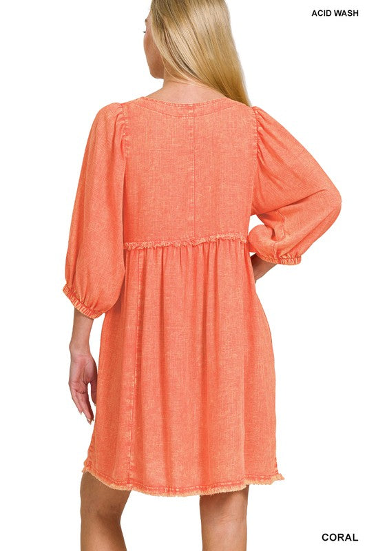 WASHED LINEN PLEATED PUFF SLEEVE BABYDOLL DRESS