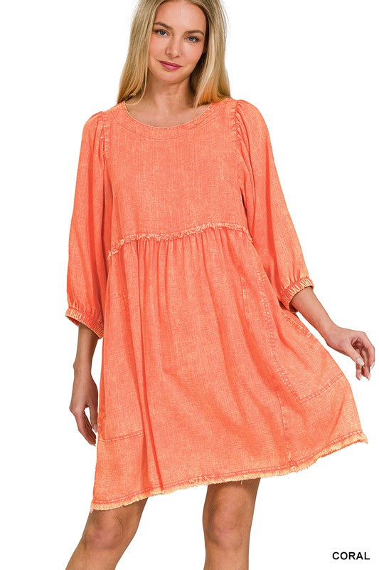 WASHED LINEN PLEATED PUFF SLEEVE BABYDOLL DRESS