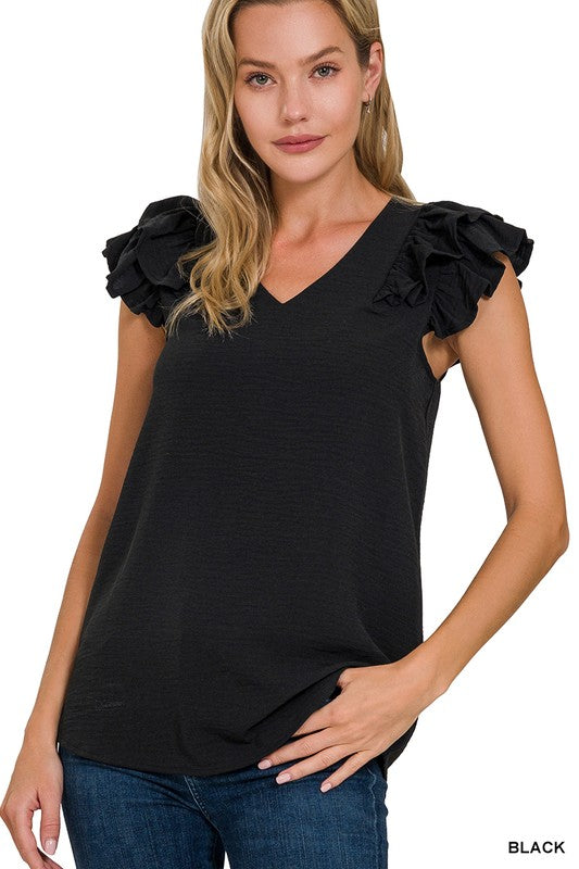 WOVEN AIRFLOW TIERED RUFFLE SLEEVE TOP