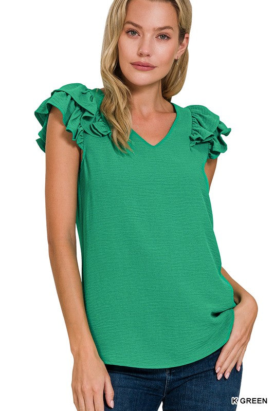 WOVEN AIRFLOW TIERED RUFFLE SLEEVE TOP