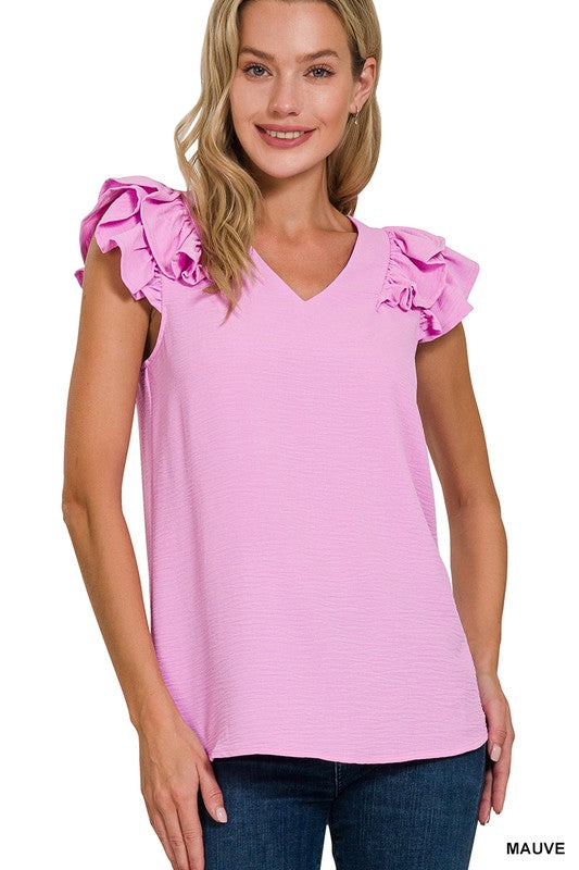 WOVEN AIRFLOW TIERED RUFFLE SLEEVE TOP