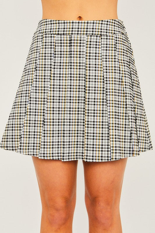 Woven Yarn Dye Pleated Mini Skirt