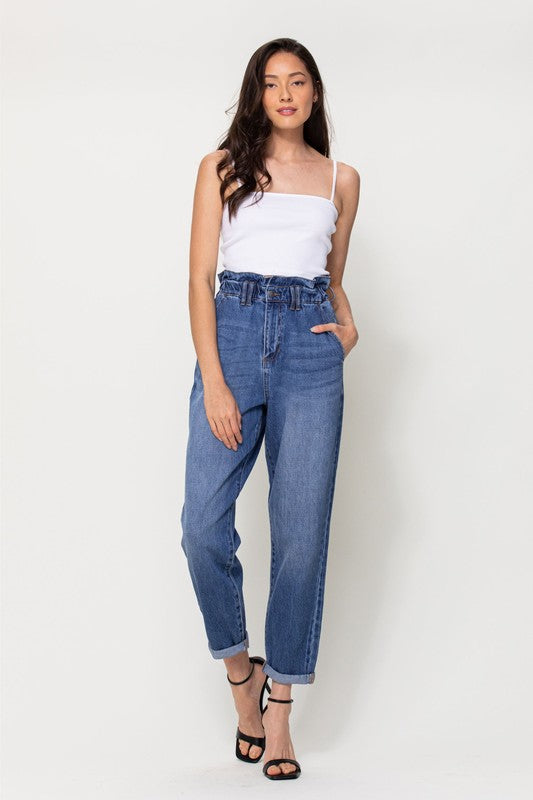 High Rise Elastic Waist Band Mom Straight Jeans