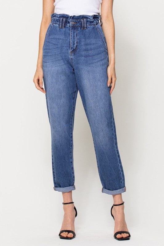 High Rise Elastic Waist Band Mom Straight Jeans