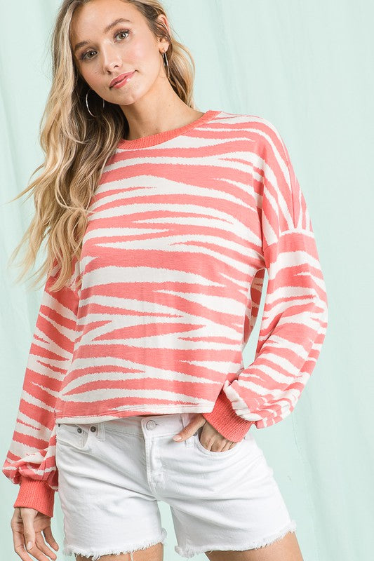 Animal Print Long Sleeve Top with Ruched Back Details - Coral