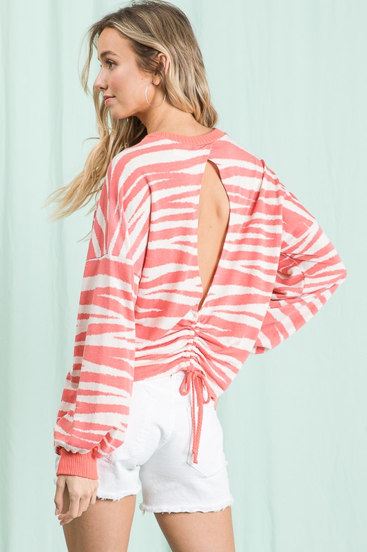 Animal Print Long Sleeve Top with Ruched Back Details - Coral