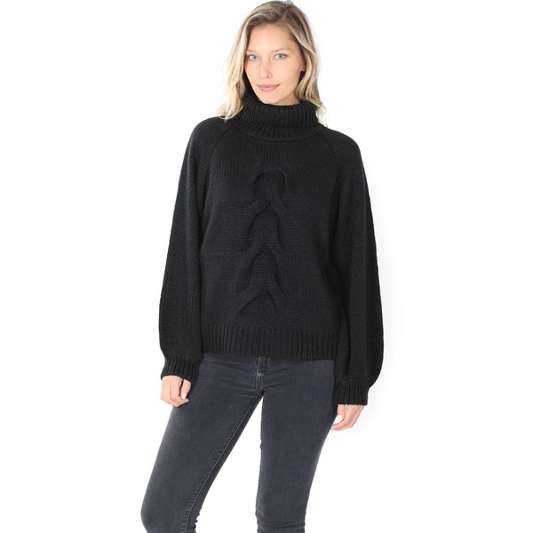 Chunky Cable Knit Turtleneck Sweater - Black