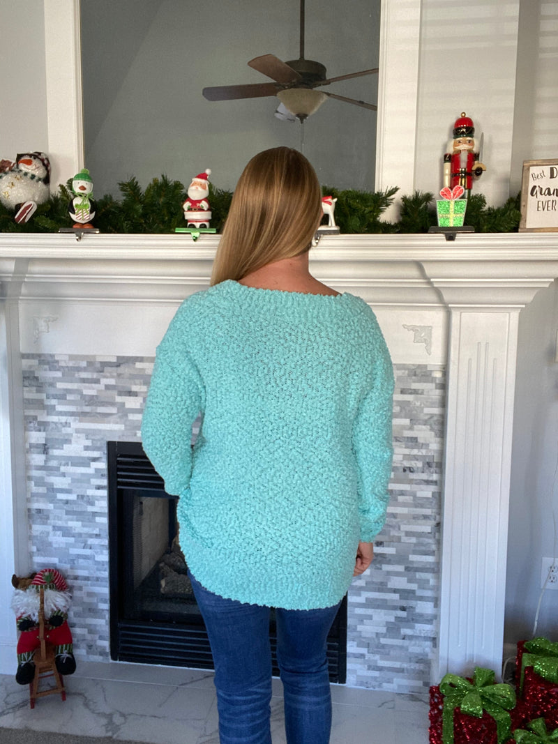 Long Sleeve Popcorn V-Neck Sweater - Blue Mint