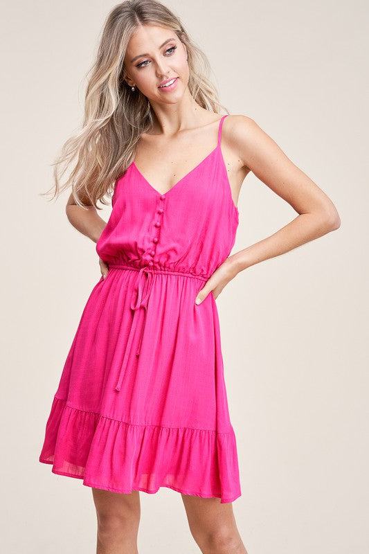 V-Neck Button Down Tiered Dress - Hot Pink *Final Sale